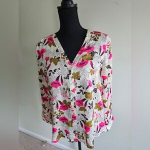 Zara Floral Button-Up Blouse - Pink and Gold. Sz L